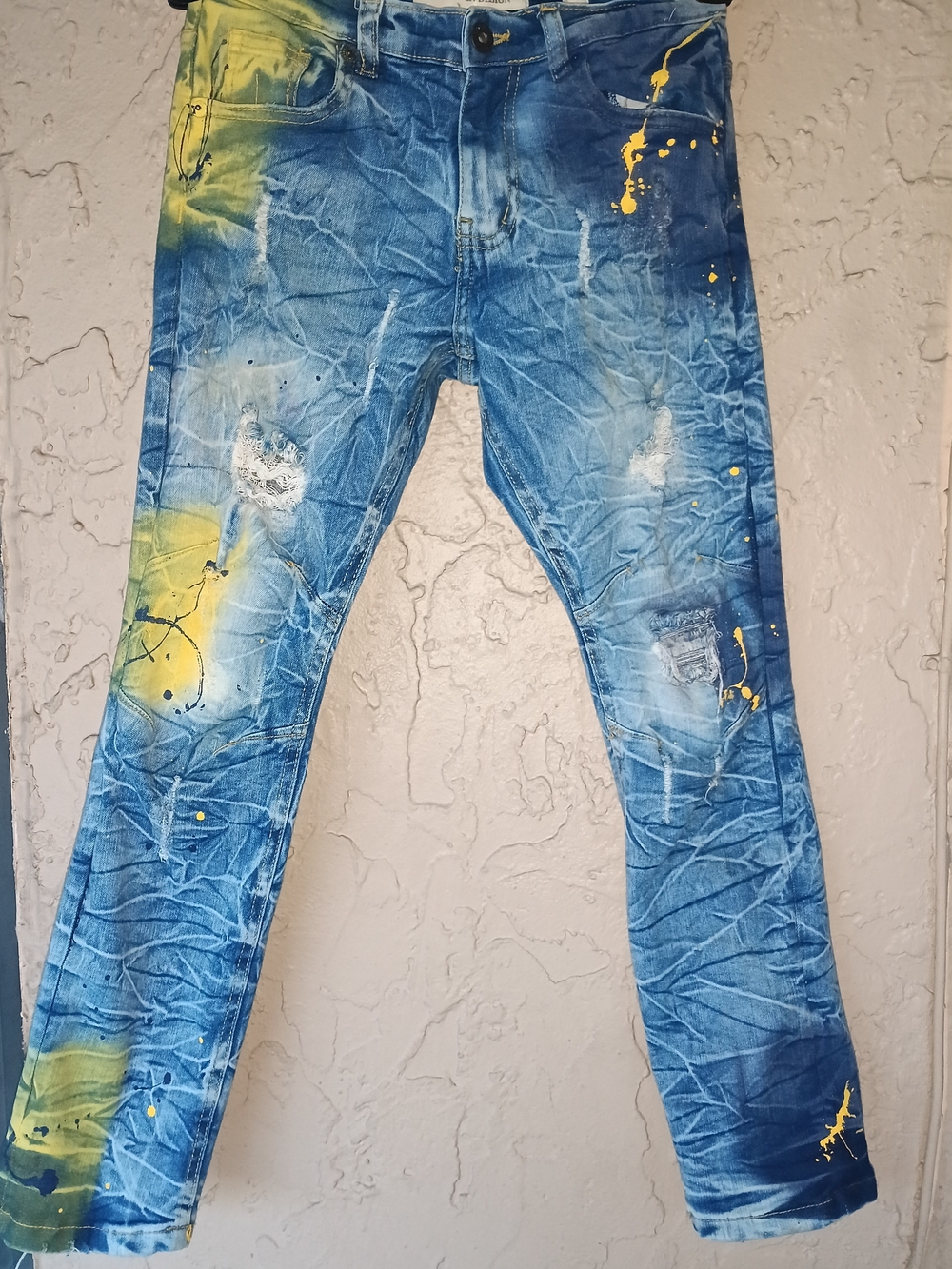 Boy's Blue Distressed Paint-Splatter Jeans